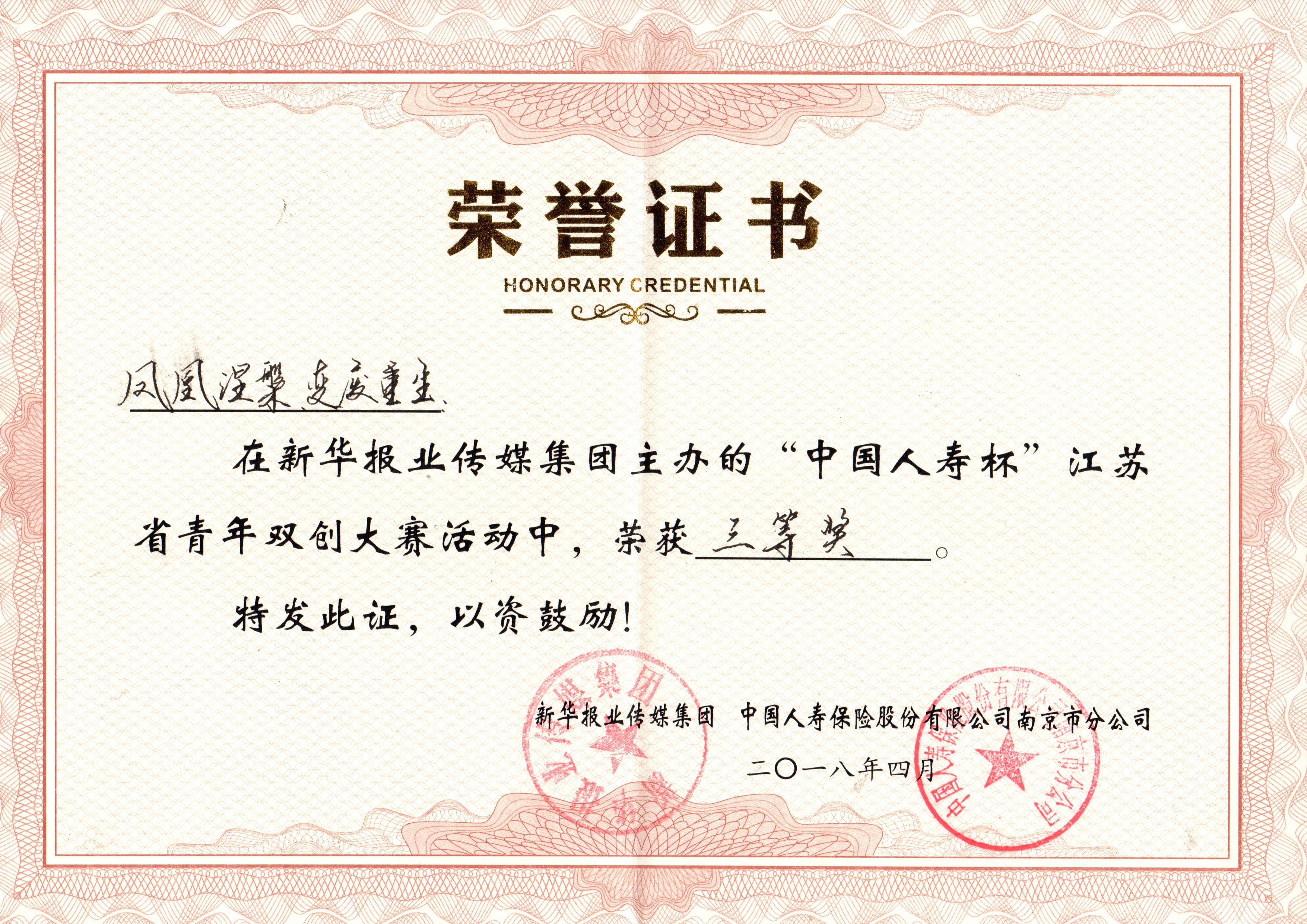 The third prize of Jiangsu youth entrepreneurship and innova